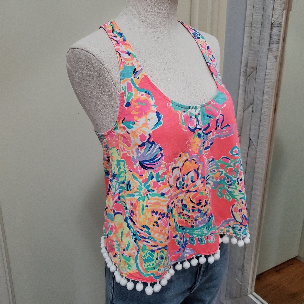 Lily Pulitzer Shirley Top Coral Reef Island Seacret Neon Pom Pom Trim Tank XS - Picture 2 of 10